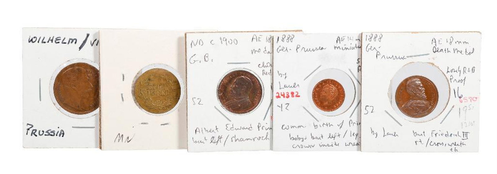 Collection of German Coins: Comprising a 1901 German Empire 5 mark silver coin, 200th Anniversary, Kingdom of Prussia (Au); (9) Spiel Marke coins and (6) Pfennig coins of various denominations [40 TOTAL]