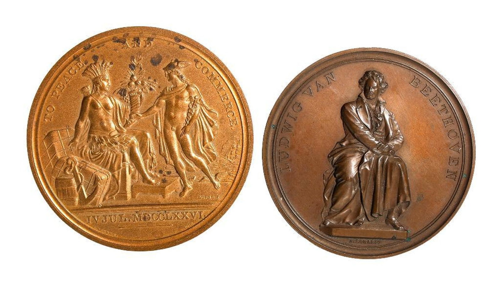 Two Bronze Medals: The first, a 1876 US Mint diplomatic medal known as "To Peace and Commerce", designed by Charles E. Barber, featuring America as an Indian princess greeting Mercury, God of Commerce. 67mm