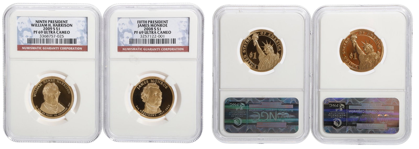 Four 2008-S Presidential Proof Dollars NGC PF69 Ultra Cameo: Each commemorative gilt metal coin in a NGC slab including 5th President James Monroe; 7th President Andrew Jackson; 8th President Martin Van Buren; 9th President William B. Harrison