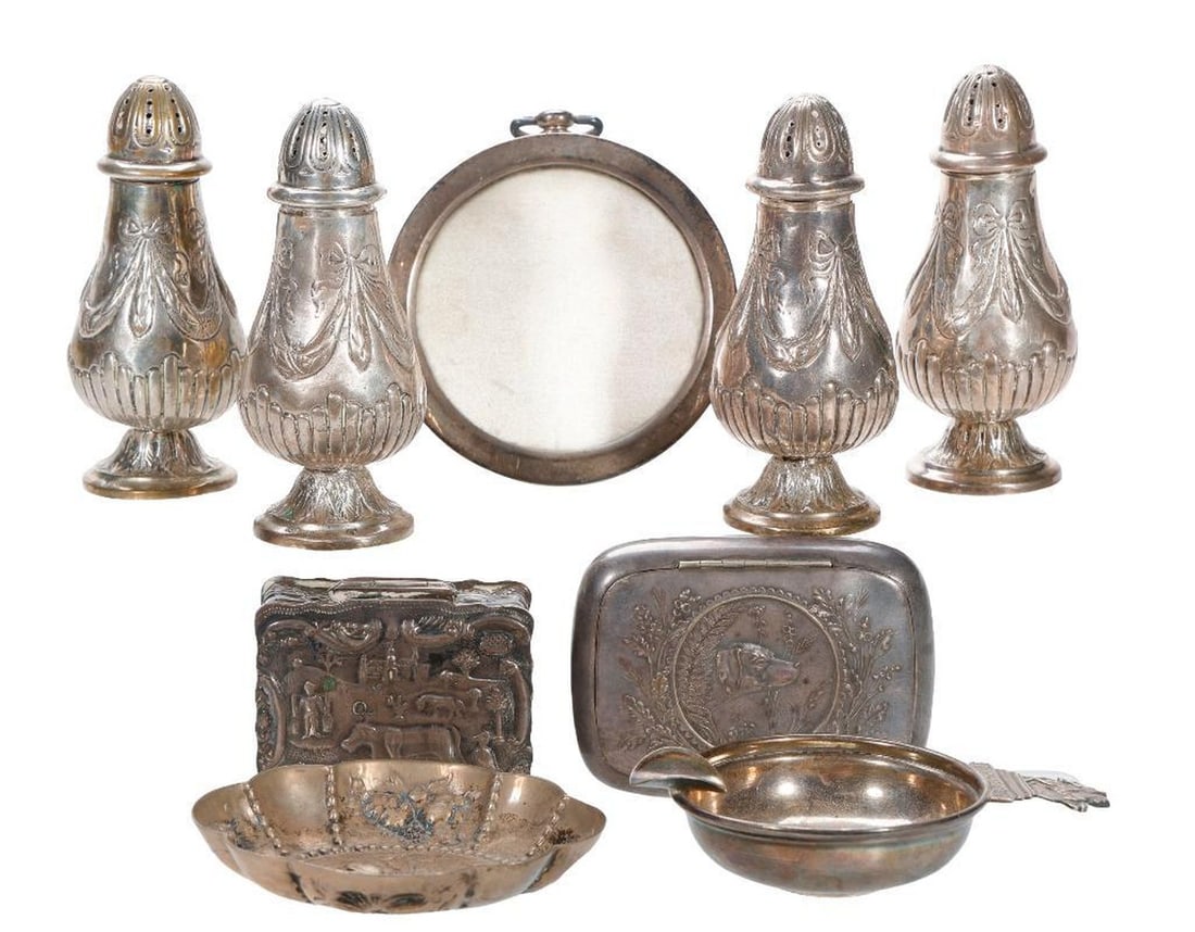 Lot of Four Italian Sterling Shakers, Plated Boxes and Trays (1 of 4)