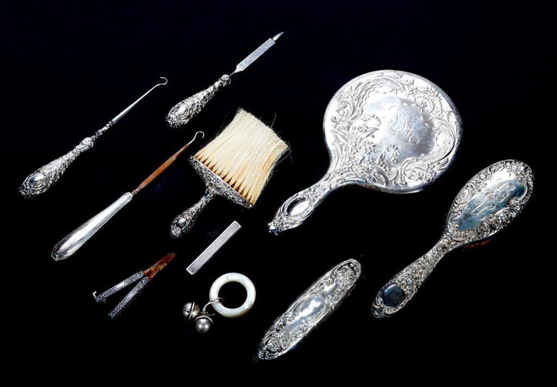 Lot of Art Nouveau Sterling Mounted Dresser Set Articles (1 of 3)