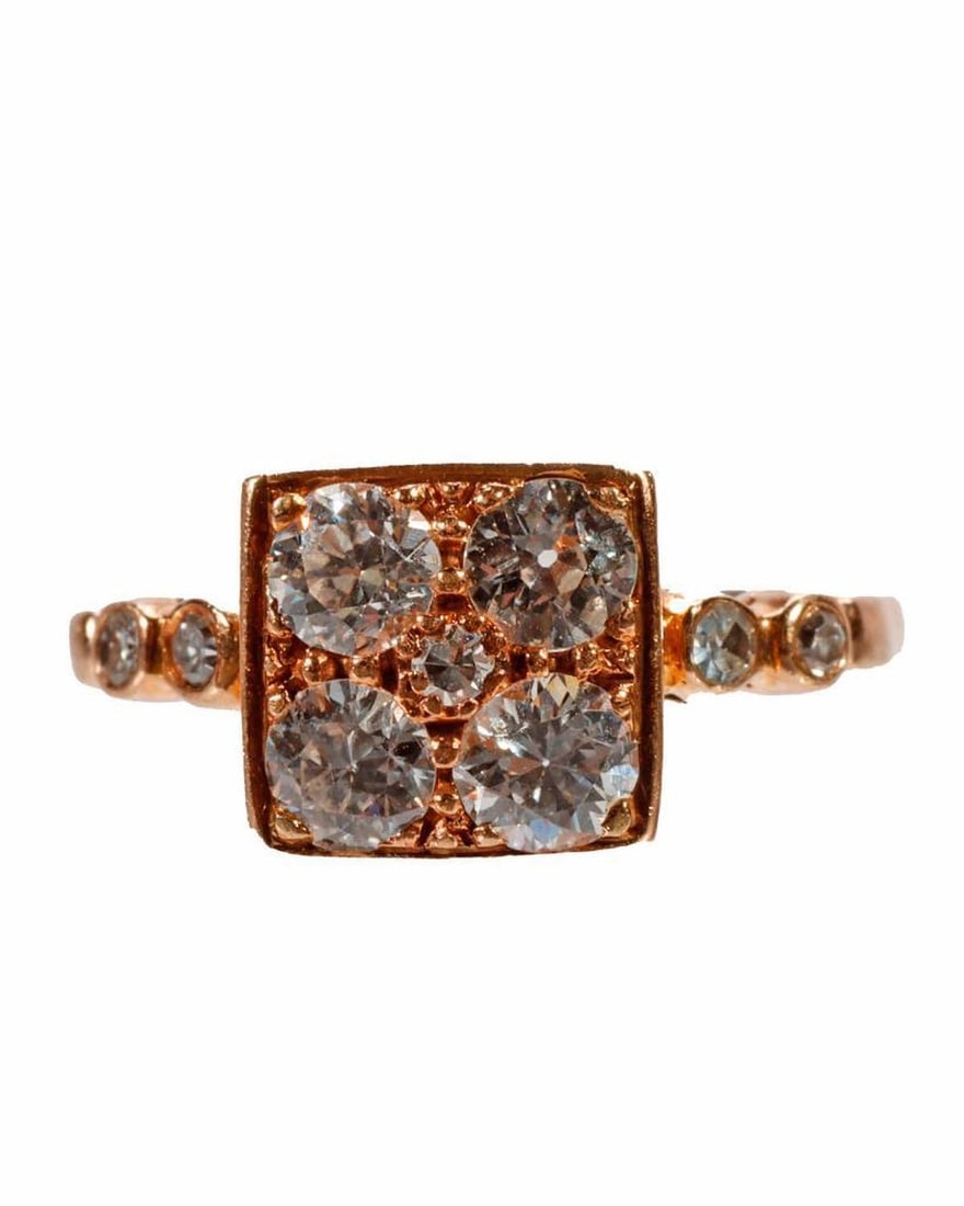 A diamond and 14k gold ring: the square top set with 4 European and transitional-cut diamonds, accented by 5 single-cut diamonds; estimated total diamond weight: 1.00 carat; weighing approximately 2.6 grams; size: 6