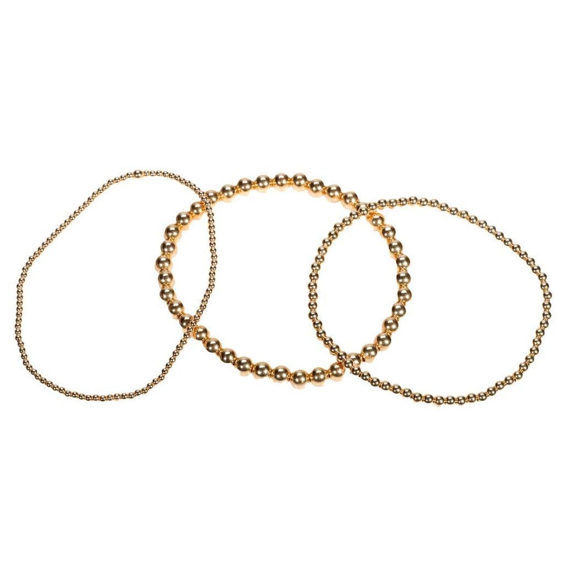 Three beaded bracelets: the trio of stretch bracelet with variously sized gold-plated beads