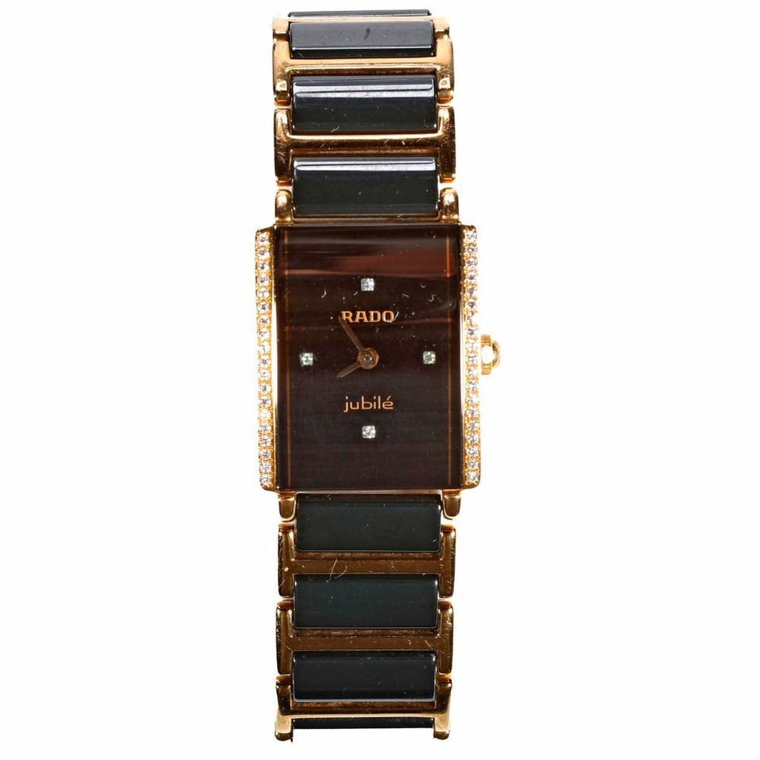 Rado Diastar Jubile ladies diamond wristwatch: quartz movement, case #03169987, rectangular dial, diamond-set case, diamond markers at 12/3/6/9 ; length: 6 1/4 in. case width: 19mm