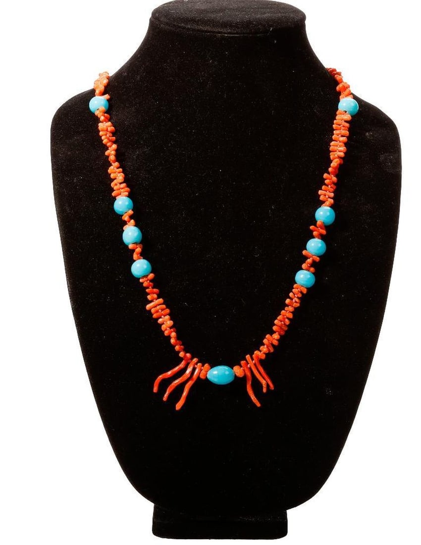 A coral branch and Peking glass bead necklace: length: 26 1/2 in.