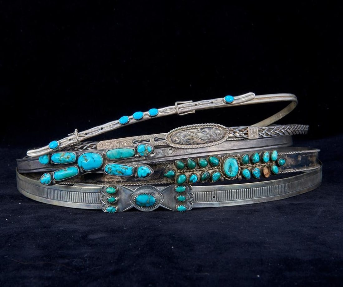 Silver Navajo Hat Bands (5): Five Old Pawn Navajo turquoise and silver hat bands. Band Sizes: 5/8" wide largest example. 