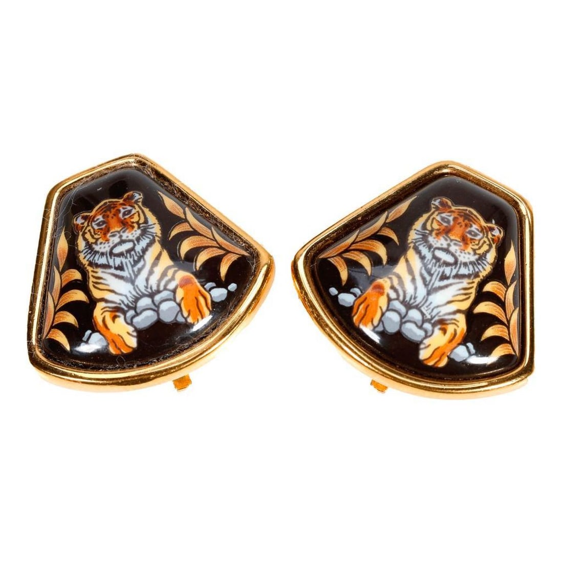Hermes, A pair of enamel clip earrings: of lion motif; length: 1 in.