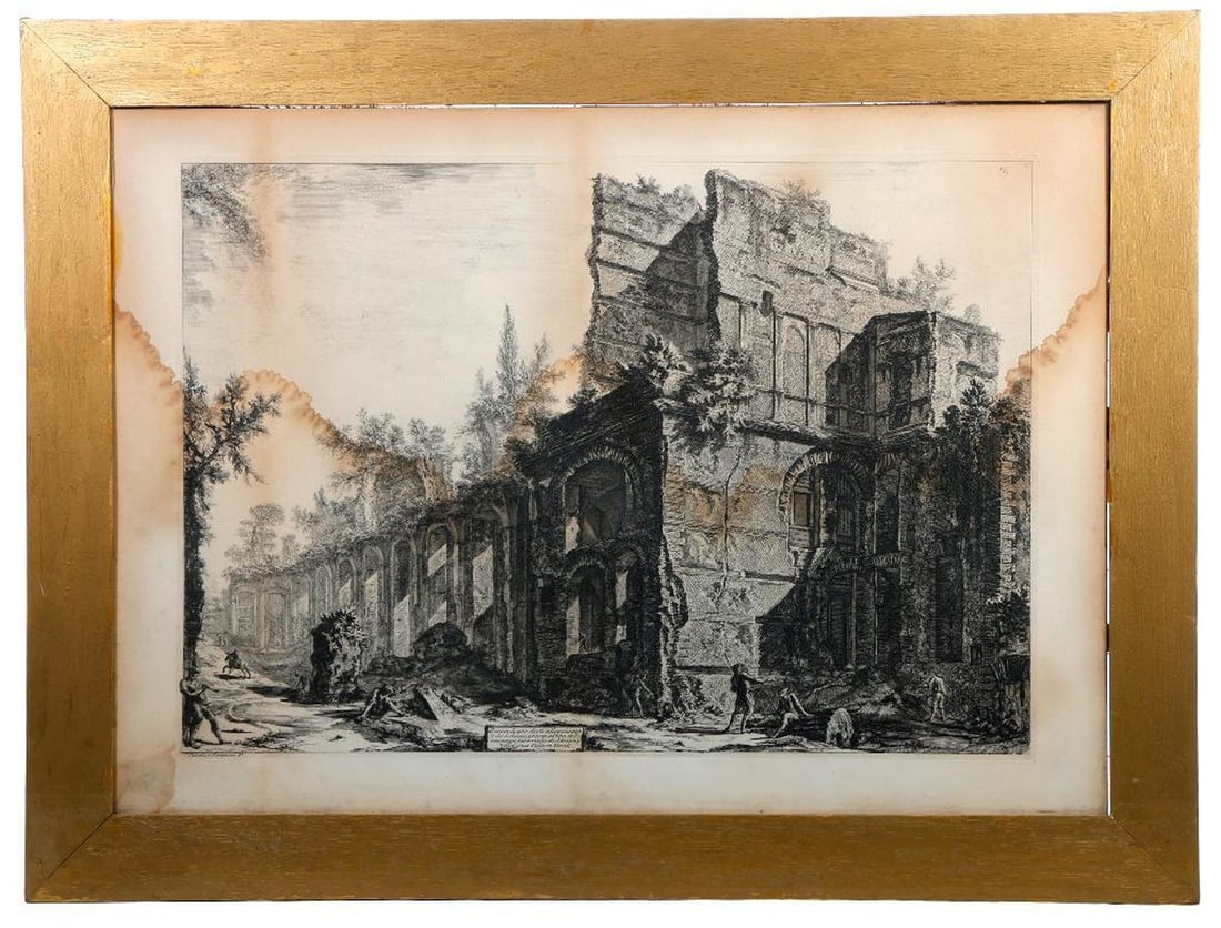 Pair of Antique Piranesi Prints: Two framed prints of Classical ruins, one marked Cavalier Piranesi F. 21 1/2" x 29" (frame 27" x 34"); 21" x 30" (frame 26" x 34 3/4"). Condition: one with extensive foxing; the other with extensive d
