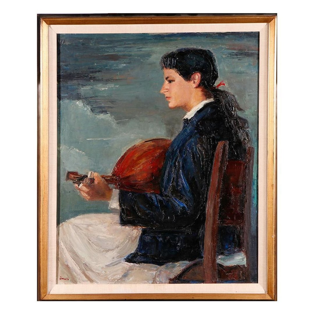 Patsy O'Toole (1910-2000), Painting: Artist: Patsy O'Toole (1910-2000). Title: "Leslie" (girl playing lute). Signature: lower left, and verso. Medium: Oil on canvas. Artwork: 29 1/2 x 23 3/4 inches. Frame: 34 1/2 x 28 1/2 inches. Conditi
