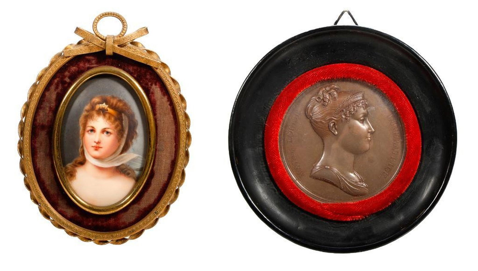European Miniature Painting and a Medallion of Queen Marie Louise: The first, a German hand painted porcelai miniature plaque of Queen Marie Louise mounted in an oval gilt metal claret velvet lined frame 5"h x 4.25"d {Wear/loss to velvet lining}; together with an min