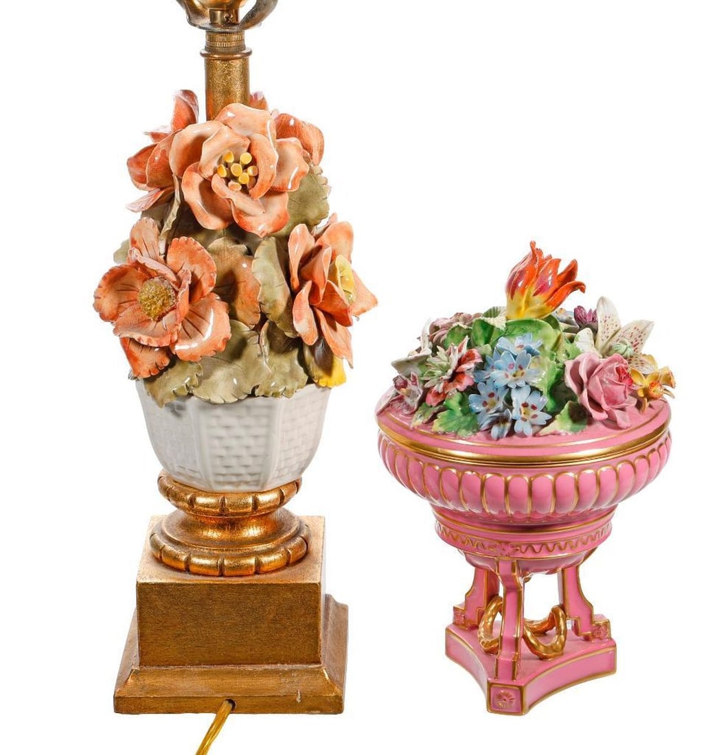 Capo di Monte Style Floral Basket Mounted as a Lamp (1 of 3)