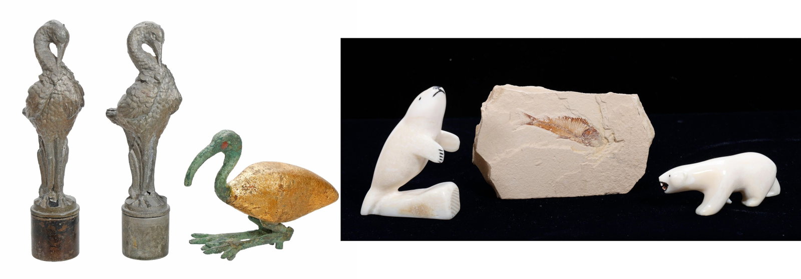 Lot of Artifacts Relating to Animals or Birds: Comprising a Eocene period fish fossil matrix likely from Green River formation 3.25" x 2"; an Egyptian Revival figure of an ibis, symbolic of god Thoth, 2.5"h x 3.5"w; a pair of pewter stork fo