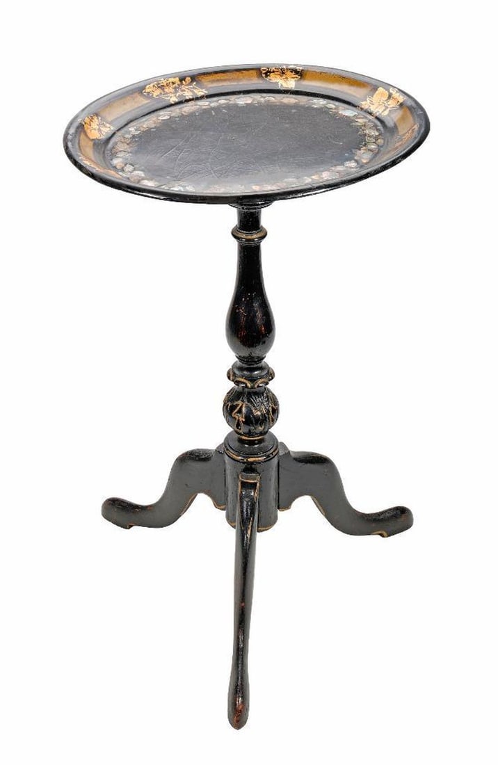 Victorian Mother of Pearl Inlaid Papier Mache Tripod Candle Stand (1 of 2)