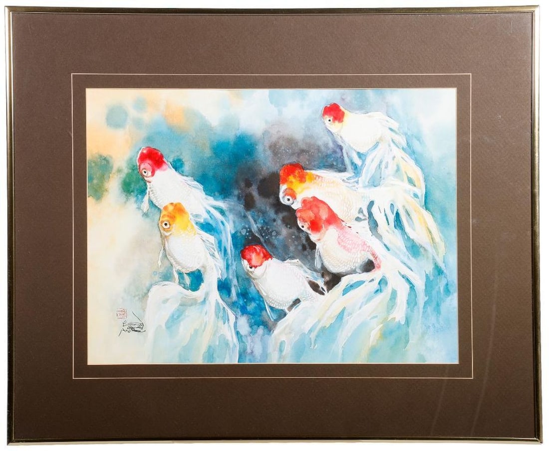 Three Asian Watercolor Paintings of Goldfish (1 of 4)