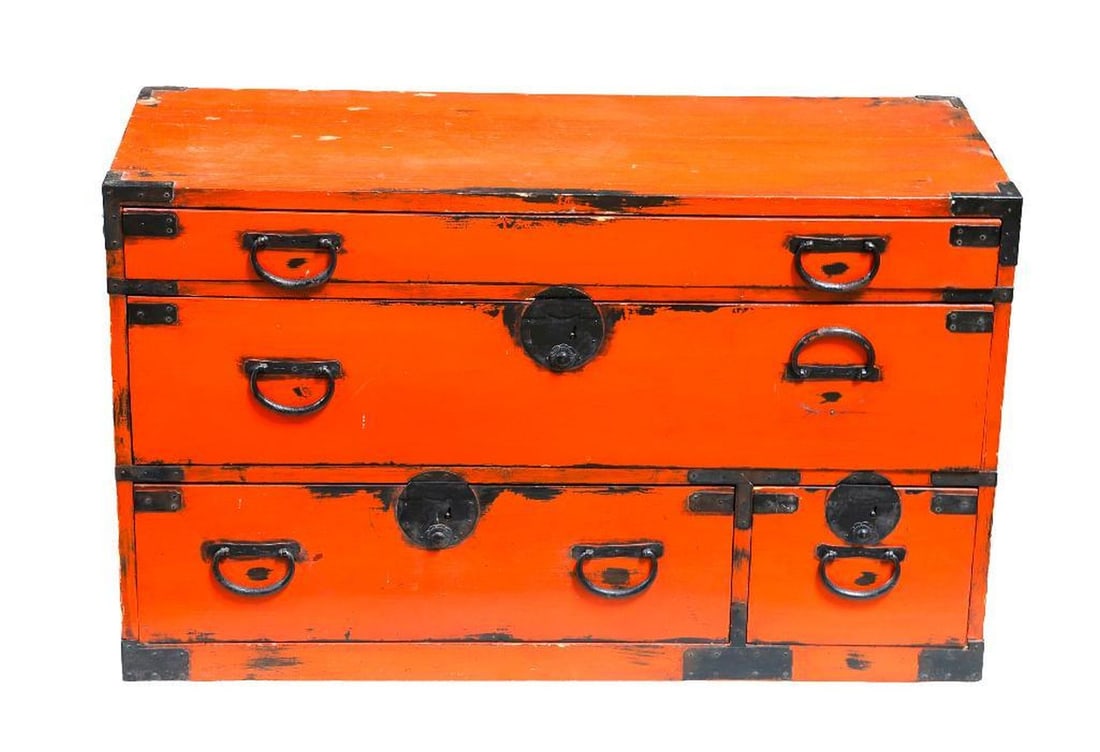 Pair Red Lacquer Three Drawer Tansu with Associated Marble Tops (1 of 3)