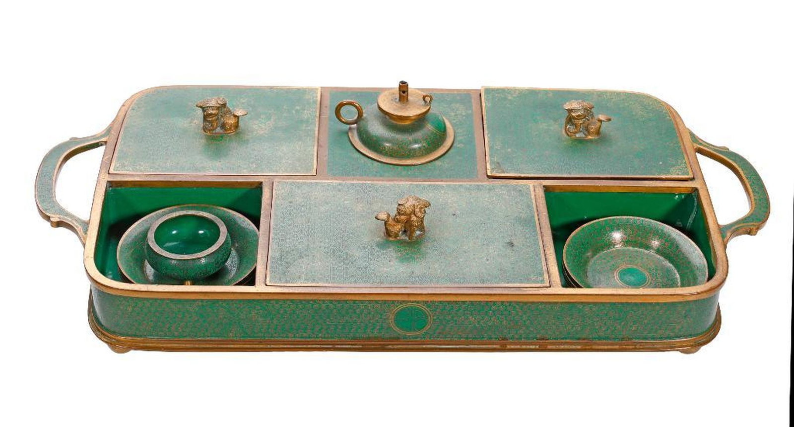 Chinese Green Enamel Cloisonne Opium Set: Late 19th/Early 20th century, the copper rounded square tray with auricular handles and rising on ball feet, inset green enamel inlaid with a repeating circle design, consisting of three covered compa