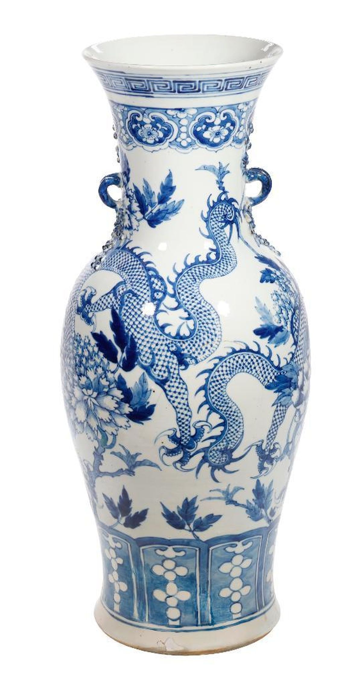 Chinese Qing Blue and White Porcelain Dragon Vase: 19th Century, the baluster form decorated in blue and white with an entwining five toed dragon among large flowering peony blossoms 24.5"h {Completely repaired base, can not be used with water}