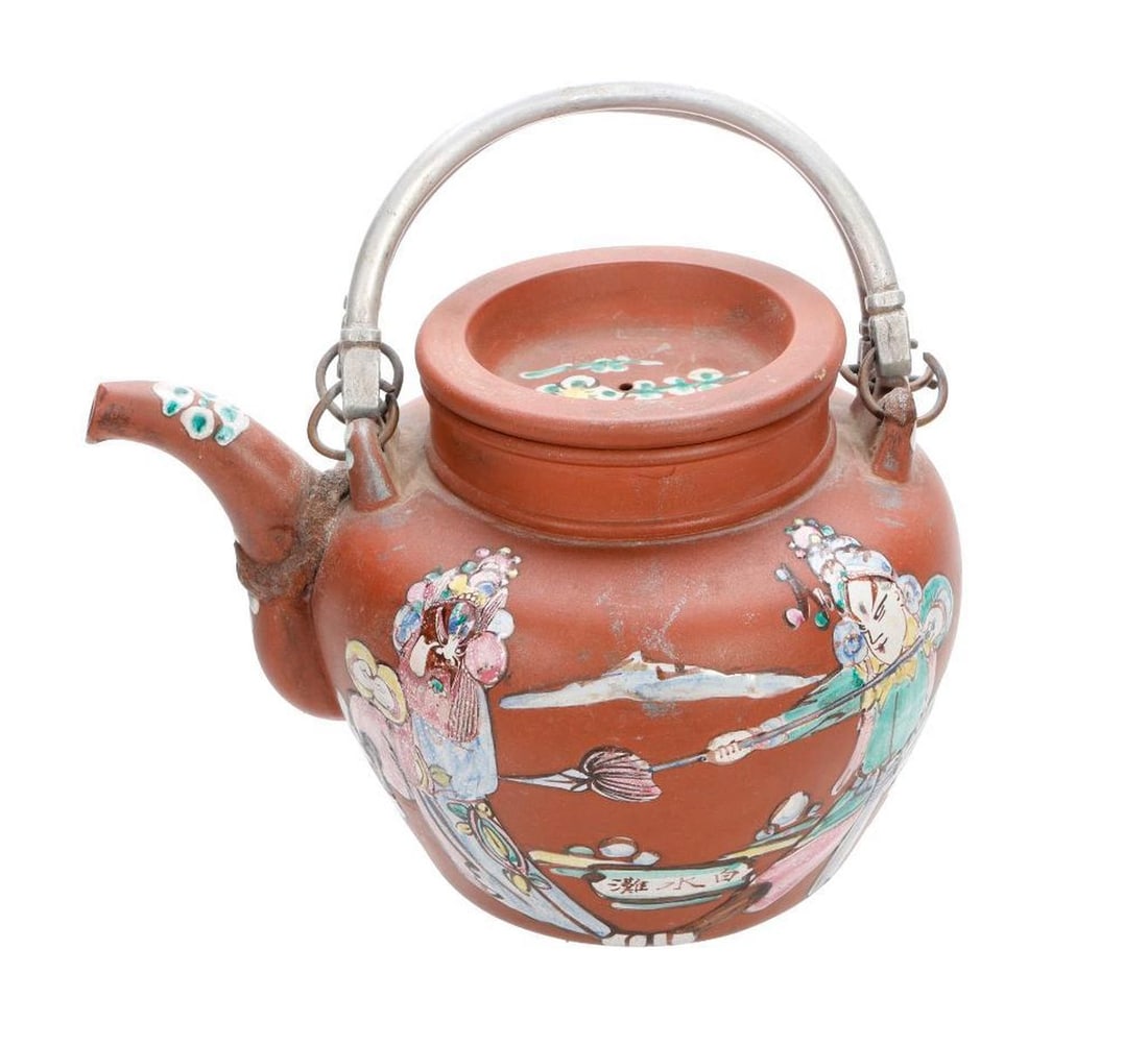 Republic Yixing Enameled Zisha Teapot: The teapot enamel painted with two warriors, one brandishing a spear, fitted with two metal handles, 