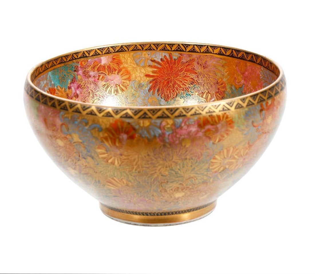 Japanese Satsuma millefleur bowl: The footed bowl decorated on the interior and the exterior walls with gilt highlighted chrysathemums and other flowers, both sides terminating in a reciprocal black border, signed 3"h x 5"d [Ove