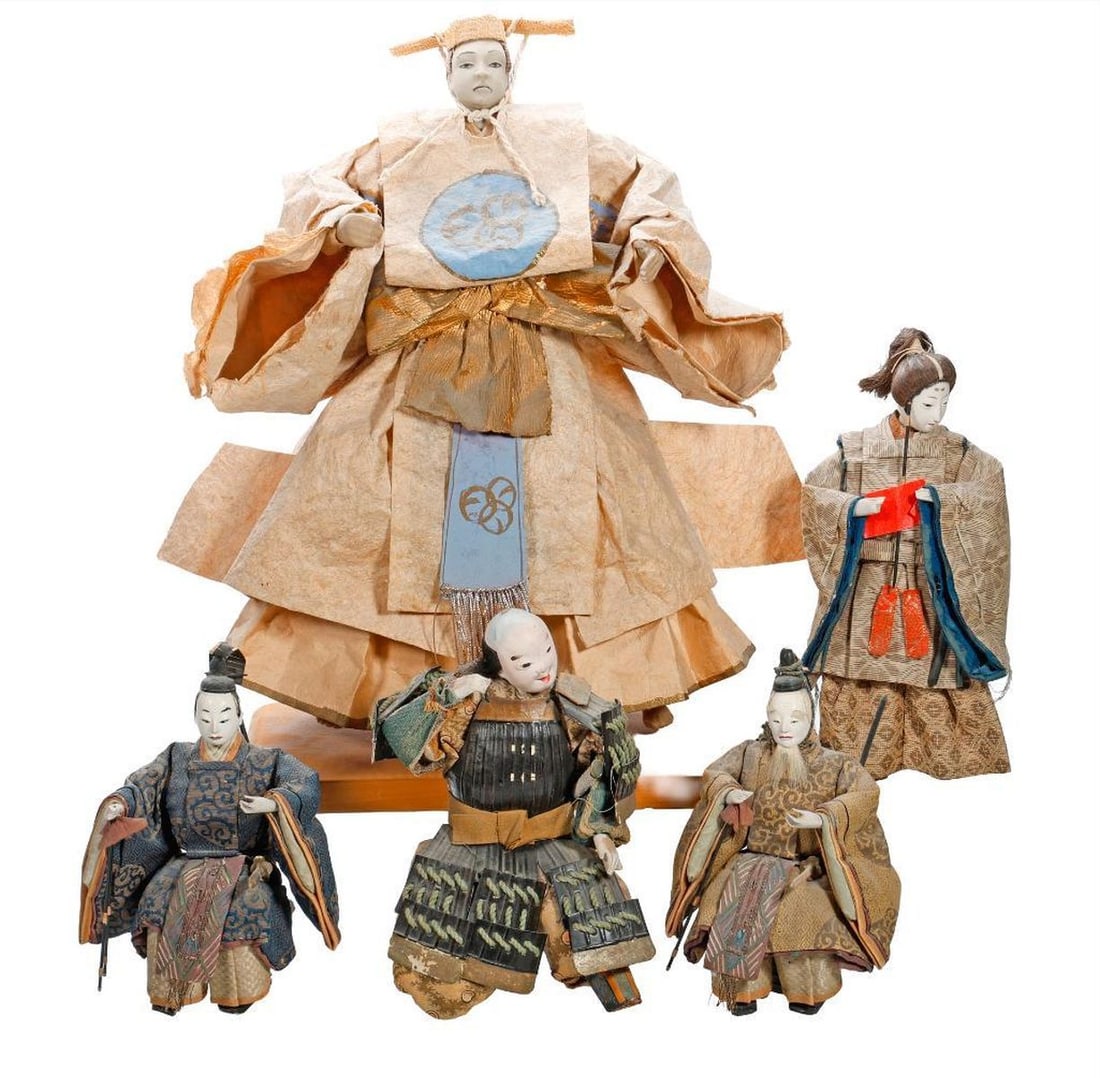 Lot of Meiji/Taisho Dolls: Comprising three Meiji Period Musha Ningyo (Warrior) dolls, the largest wearing tradional samurain armor {Possible loss to one leg and loss of paint to head, hands, and armor 8.5"h; a Hina&#