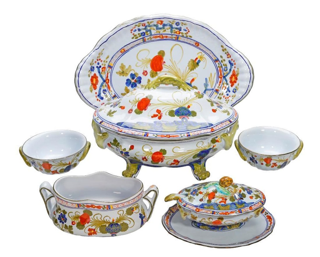 Sigma Faenza Blue Carnation Soup Tureen: The oval tureen with lid 12.75"d together with an undertray; (14) lugged soup bowls 5.75"d an open sauce boat 5"; and three covered sauce tureens, each with spoons [20 TOTAL]
