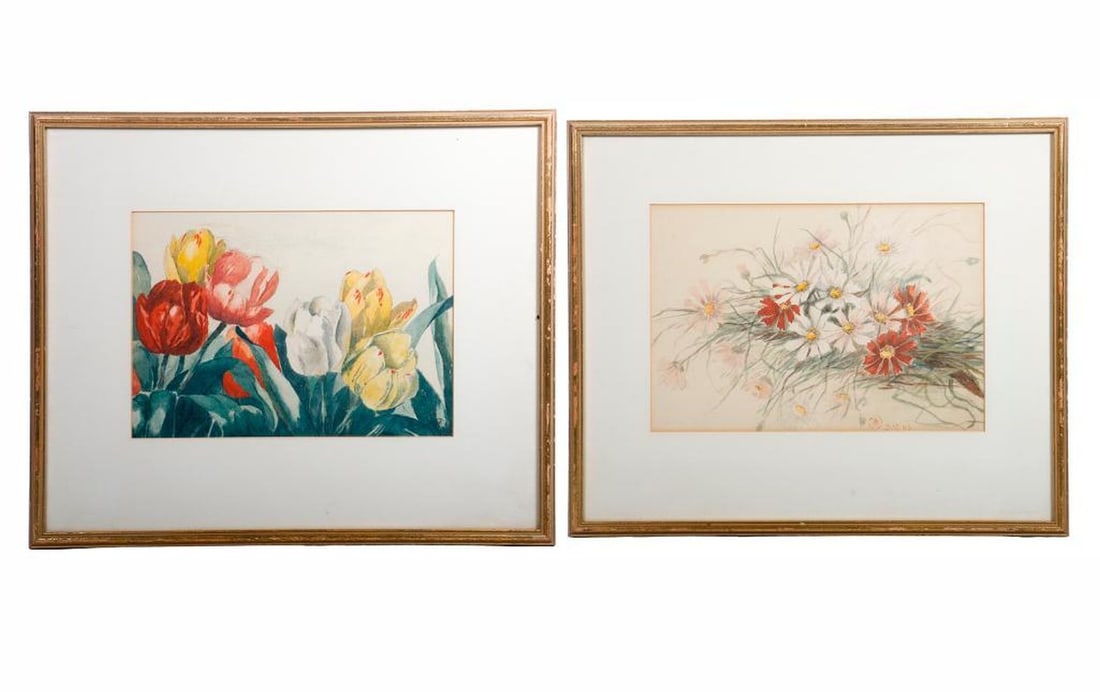 Pair of Edwardian Floral Watercolors: A pair of watercolors on paper, tulips and daisies. Each signed with monogram "AA" (or M?), and dated (19)06. 8" x 11 1/2" and 7 1/2" x 10 3/4" (sight); 14 1/2" x 17 1/2" (frames). Condition: toning, 