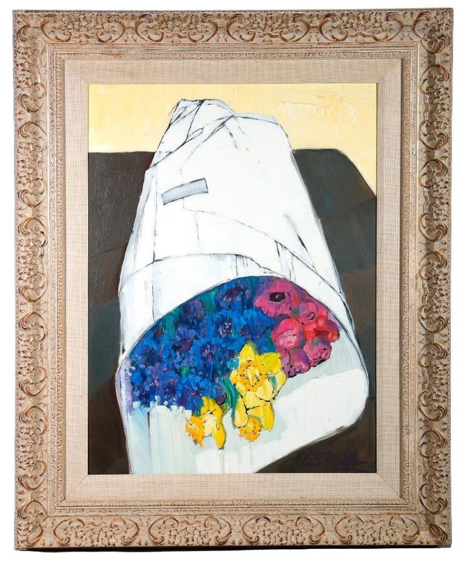 20th Century Painting of a Wrapped Bouquet: Artist: Unknown (20th Century). Title/Description: Wrapped bouquet on a table. Signature: Illegible lower right (Inci(?) M... ?). Medium: Acrylic/oil on board. Size: 21" x 26 3/4" (frame 32" x 26