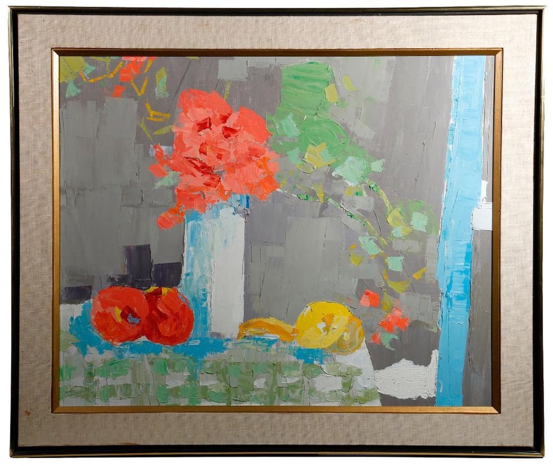Modernist Impasto Oil Painting of Flowers and Fruit: Artist: Unknown. Title: Modern Still Life with Flowers and Fruit. Medium: Impasto oil on canvas. Size: image 24"h x 30"w; framed 30.25" x 36." Condition good, some light staining to ivory matte around