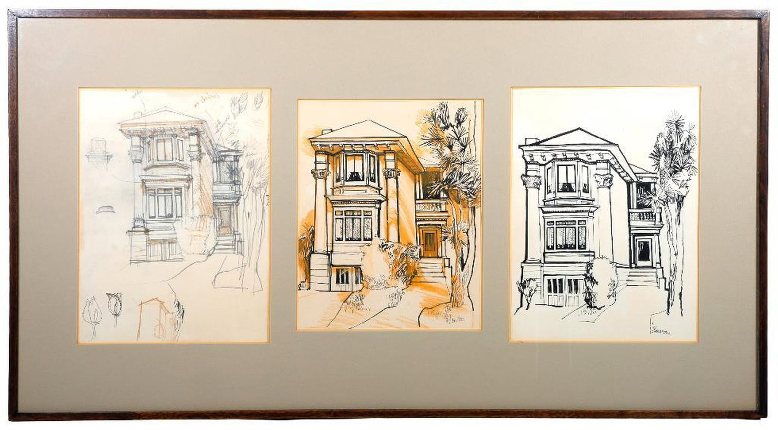 Dorie N. Tuttle (1921-2010), Victorian House Drawings: Artist: Dorothy "Dorie" Neilson Tuttle (1921-2010). Title/Description: Columned Victorian House (3 works/versions). Signature: two signed Dorie N. Tuttle lower right; the other appears unsigned. Mediu