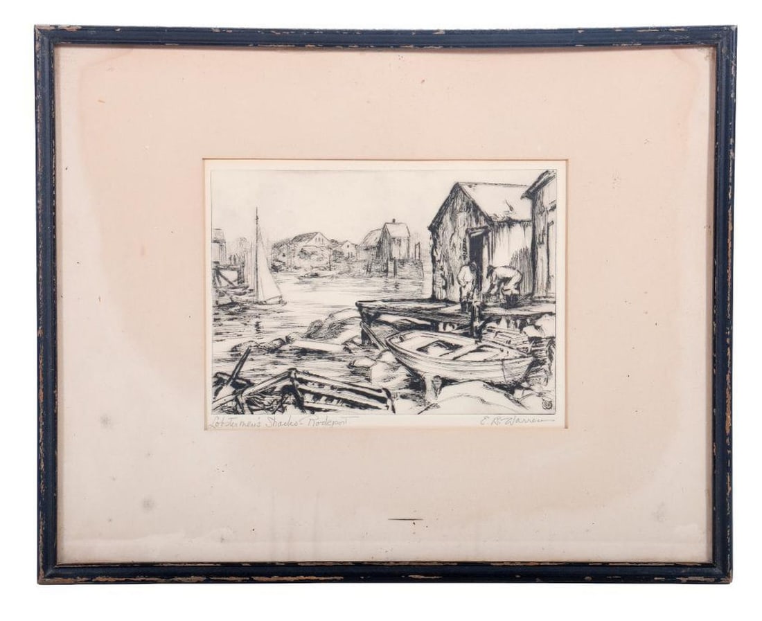 Elizabeth Boardman Warren (1896-1980), Etching: Artist: Elizabeth Boardman Warren (1896-1980). Title: "Lobstermen's Shacks - Rockport." Signature: E. B. Warren in pencil lower right; monogram in plate lower right. Medium: Etching. Size: 5 1/4"