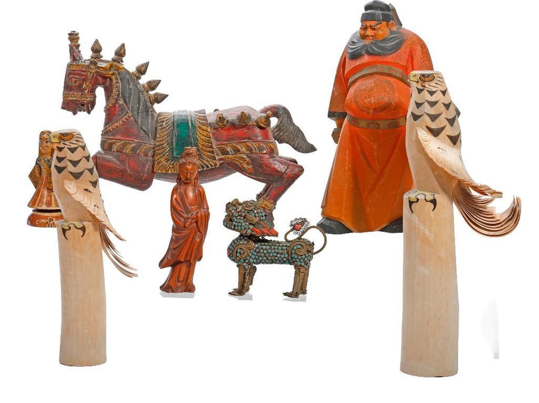 Lot of Asian Wood Carvings: Comprising a Daruma carving 10"h {red stain faded and lacking sword tip}; a graduated pair Sasano Ittobori carved wooden eagle with hand colored bodies and paper thin wings 9.