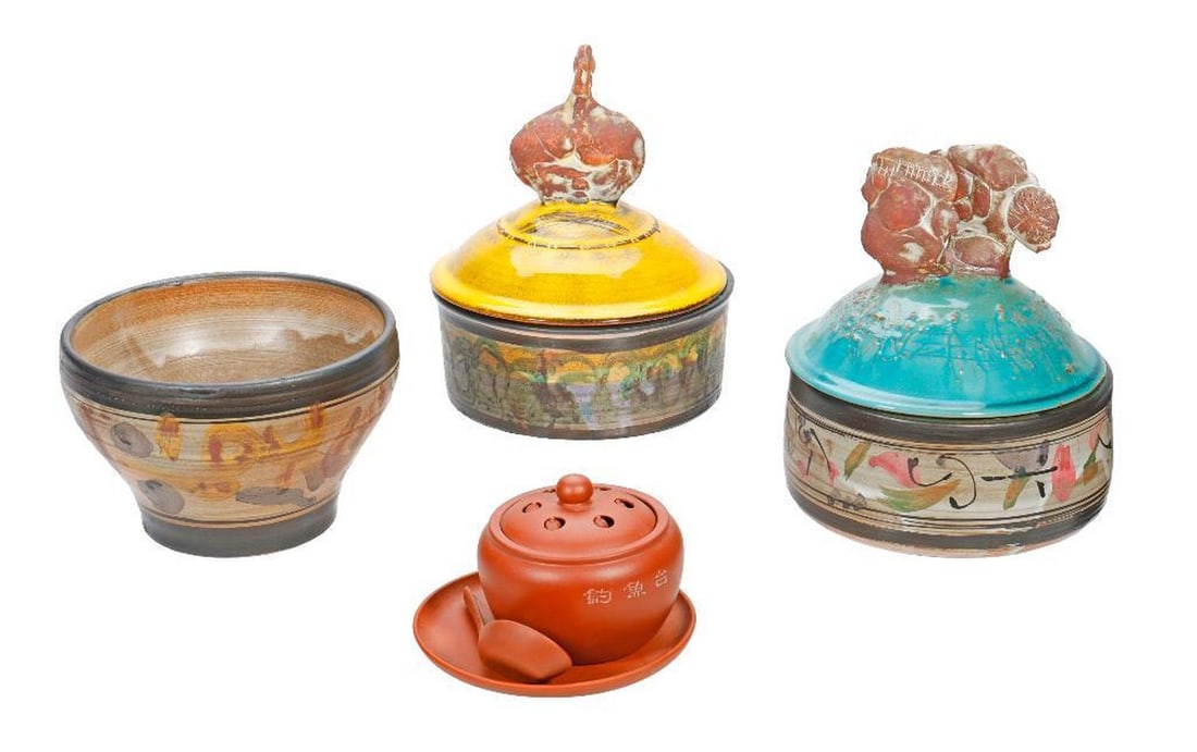 Three Gilbert Portanier Studio Pottery Vessels: Artist/Ceramicist Gilbert Portanier (French 1926-2023): two covered basins and a bowl, each inscribed in cursive script "Portanier", the largest with a yellow glazed bird form flange top, overall 8"h;