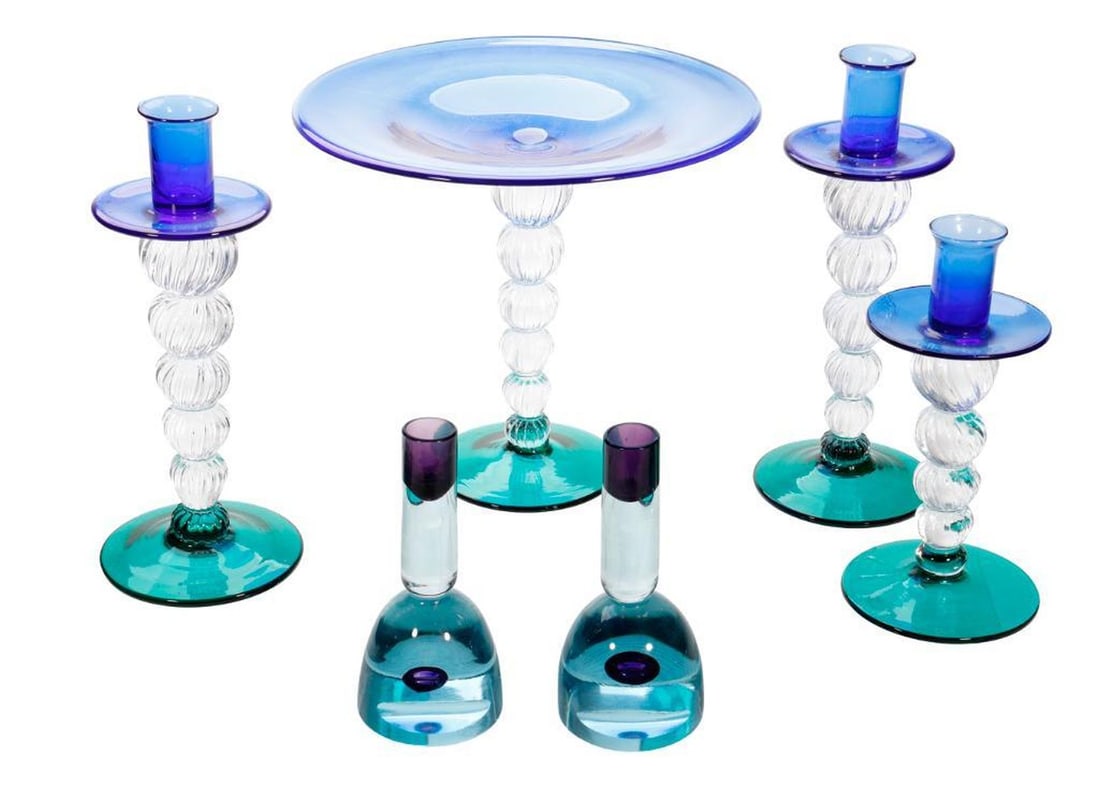 Lot of Murano Art Glass: Comprising a 1960s (4 pc) blue, green and clear glass garniture set including a cake plate 10"h x 11.25"d; and three matching candlesticks, the larger pair 11.5"h and the single 9.5"h; together with a