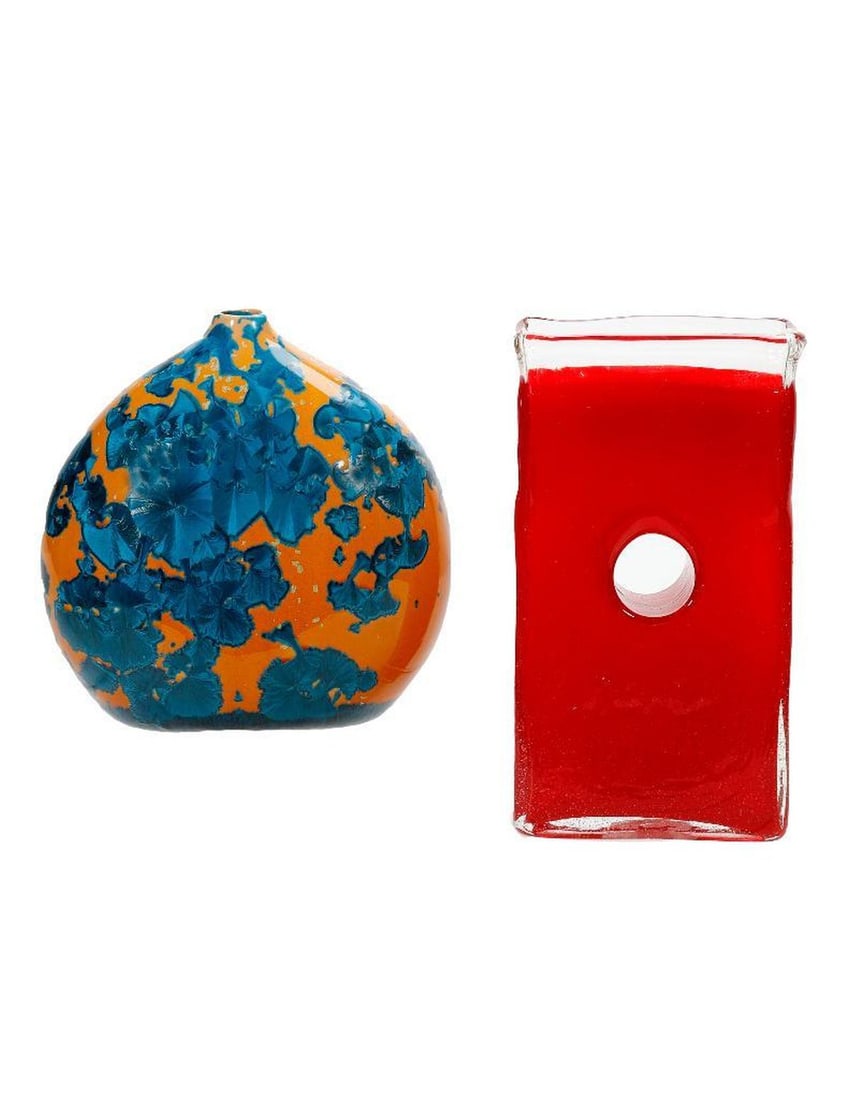 An Art Pottery Vase, and Glass Sculpture: The ovoid ceramic vase with underglaze applied mixed media decoration; the base marked "JM(?) Price / T-119"; approx. 9 1/4" x 8 1/2". Together with a rectangular hollow-form red glass sculpture, unsi