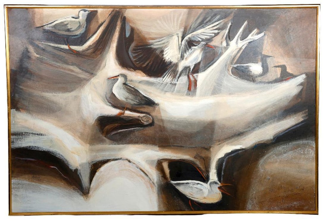 Morrow (20th Century), Painting: Artist: Morrow (20th Century). Title/Description: Seagulls on driftwood. Signature: Signed lower left. Date: 1962. Medium: Oil on masonite. Size: 32" x 48" (frame 33" x 49"). Condition good.