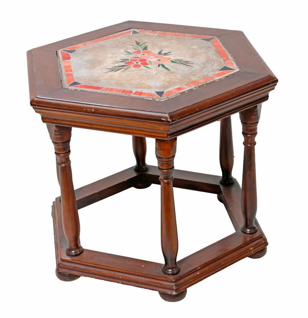 Spanish Revival Style Stone Inlaid Walnut Table (1 of 1)