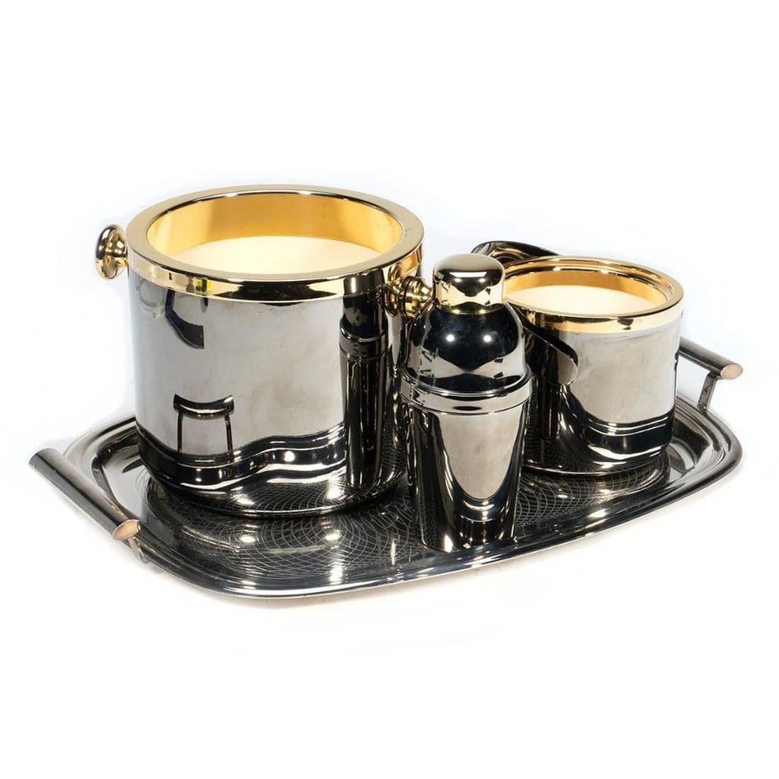 Italian Chrome and Gold-Plated Barware, with Silver-Plated Tray (4): The group is comprised of two items marked Made in Italy: a cocktail shaker (7 1/2" H), and a small handled bucket 4 3/4" (H) x 5" (diam.), both marked Gold-Plated (with flying bird hallmark); a simil