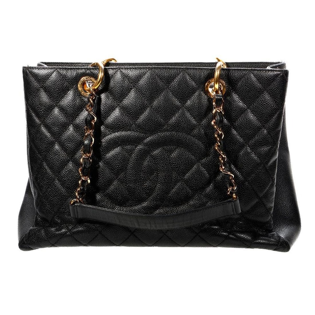 Vintage Chanel Black Quilted Caviar Tote: A vintage Chanel black "Caviar" quilted leather tote with gold-toned Chanel stamped hardware and chain/leather woven straps; gilt-stamped leather Chanel label inside. Open top and two compartment