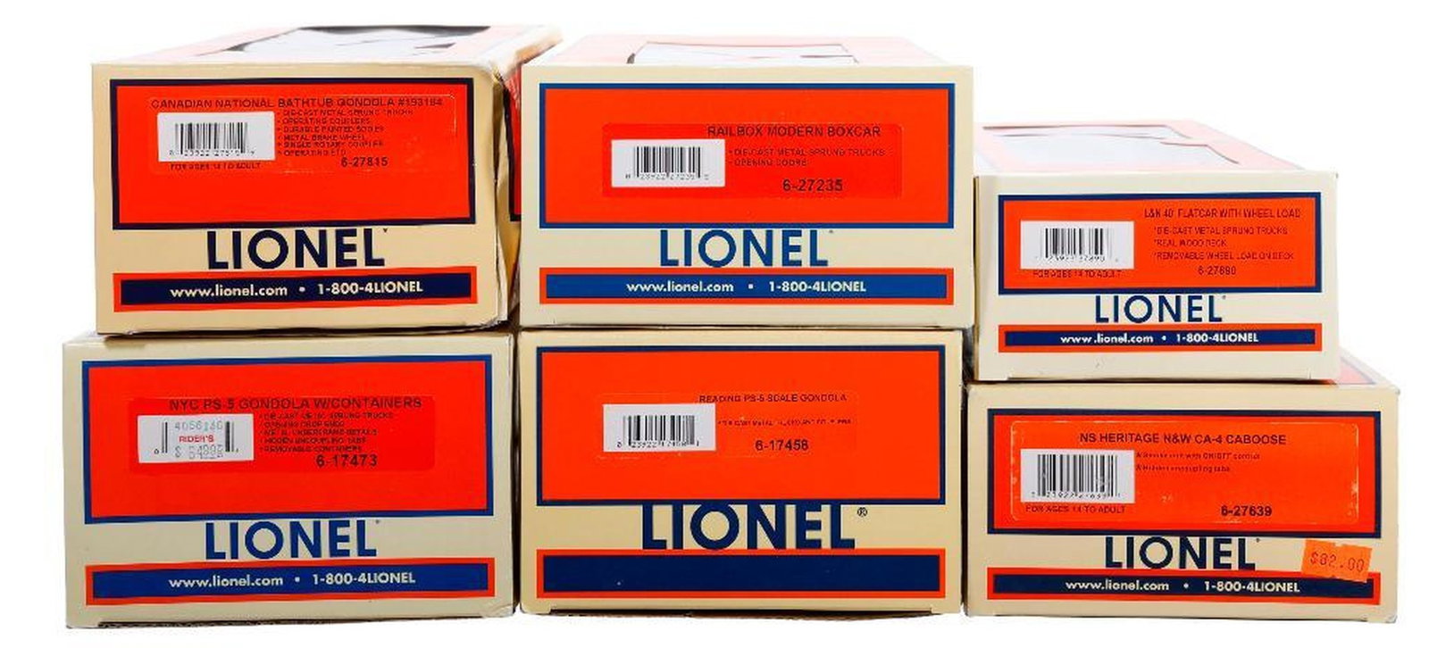 (6) Lionel O Gauge Modern Era Freight Cars: (6) Lionel O Gauge Modern Era Freight Cars 6-17458 Reading PS-5 Scale Gondola 6-17473 NYC PS-5 Gondola with Containers 6-27235 Railbox Modern Boxcar 6-27639 Norfolk Southern Heritage Norfolk & Western