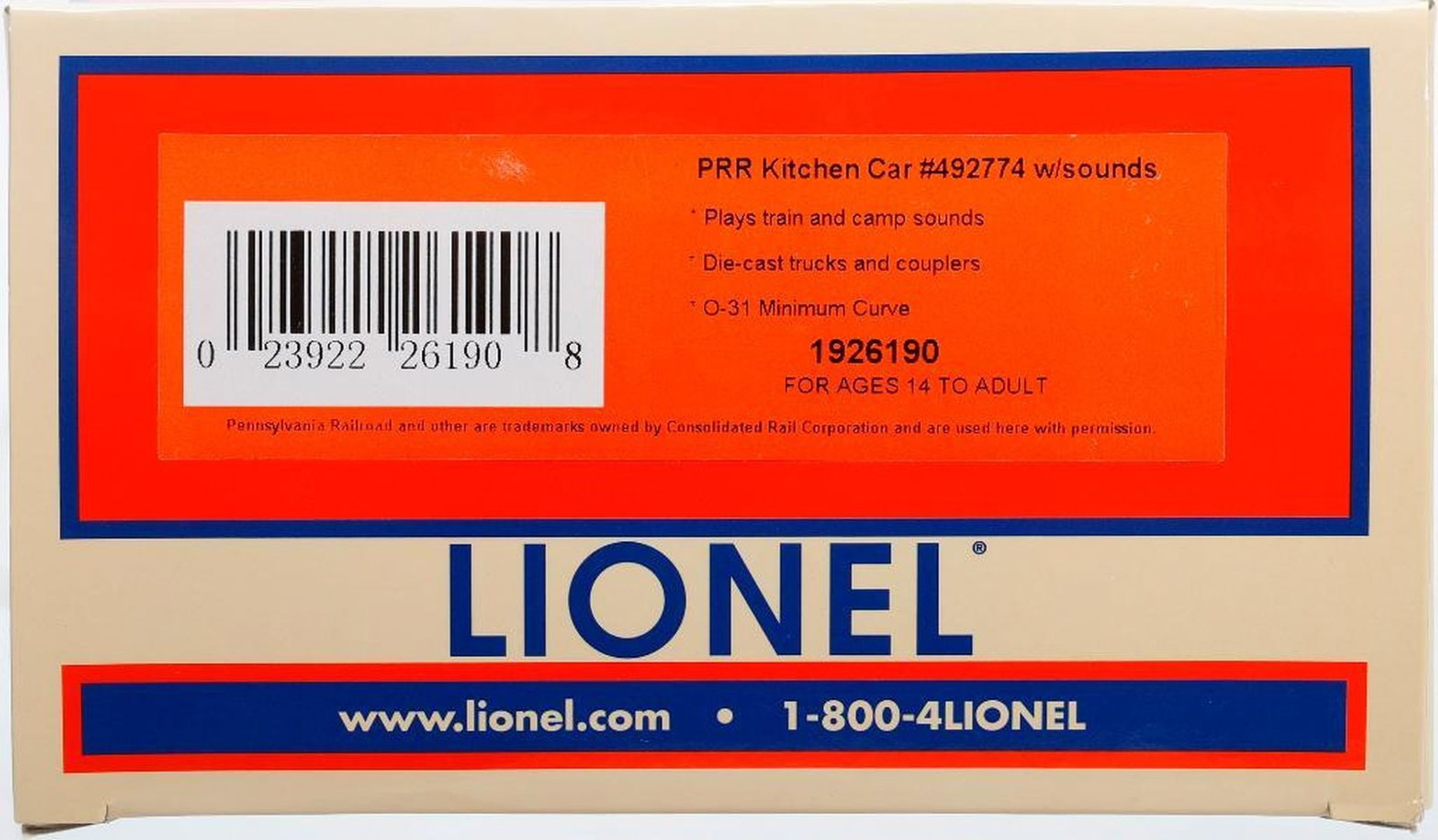 Lionel O Gauge Modern Era PRR Kitchen Car w/sounds: Lionel O Gauge Modern Era 1926190 Pennsylvania Rail Road Kitchen Car #492774 with Sounds in original packaging