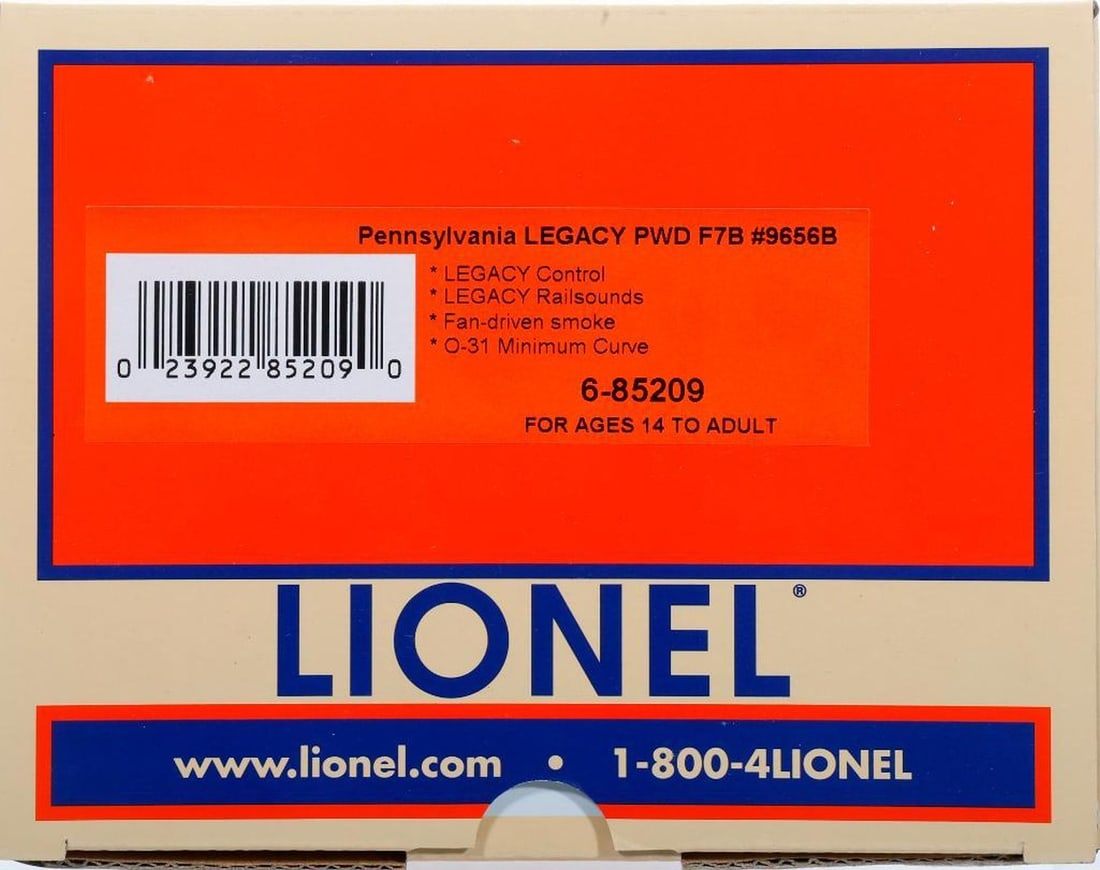 Lionel O Gauge Modern Era PRR Powered F7B #9656B: Lionel O Gauge Modern Era 6-85209 Pennsylvania LEGACY Powered F7B #9656B in original packaging including corrugated shipping carton