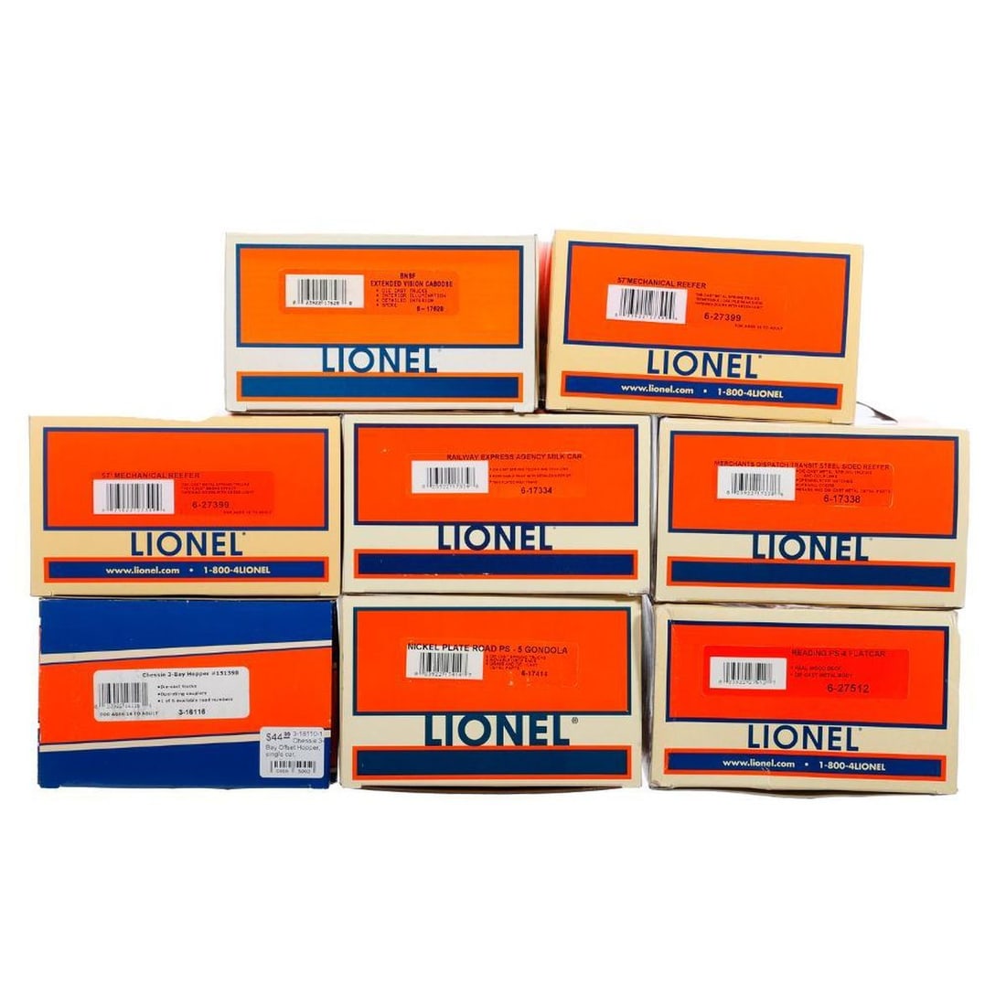 (8) Lionel O Gauge Modern Era Freight Cars: (8) Lionel O Gauge Modern Era Freight Cars 3-16116 Chessie 3 Bay Hopper #151398 (2) 6-27399 57' BNSF Mechanical Reefer 6-17334 Railway Express Agency Milk Car 6-17338 Merchants sDispatch Transit Steel