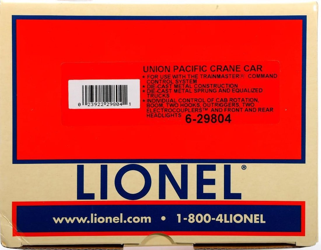 Lionel O Gauge Modern Era UP Trainmaster Crane Car: Lionel O Gauge Modern Era 6-29804 Union Pacific Crane Car with Trainmaster Command Control individual control of cab rotation, boom. two hooks, outriggers, two electrocouplers, and front and rear