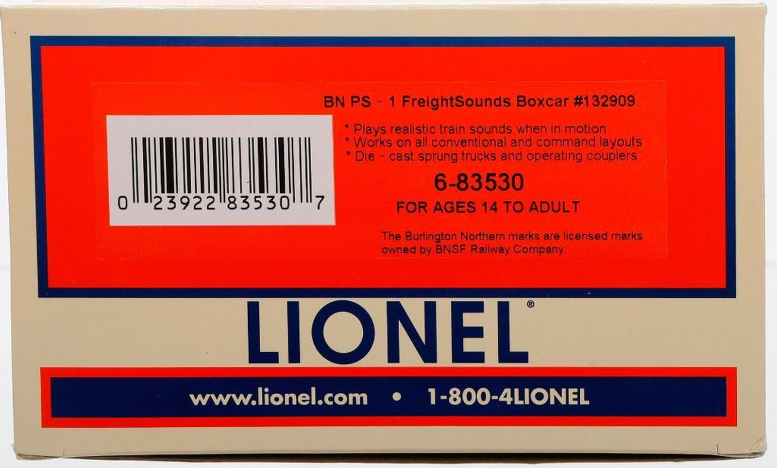 Lionel O Gauge Modern Era BN Freight Sounds Boxcar: Lionel O Gauge Modern Era 6-83530 Burlington Northern PS-1 FreightSounds Boxcar #132909 in original packaging.