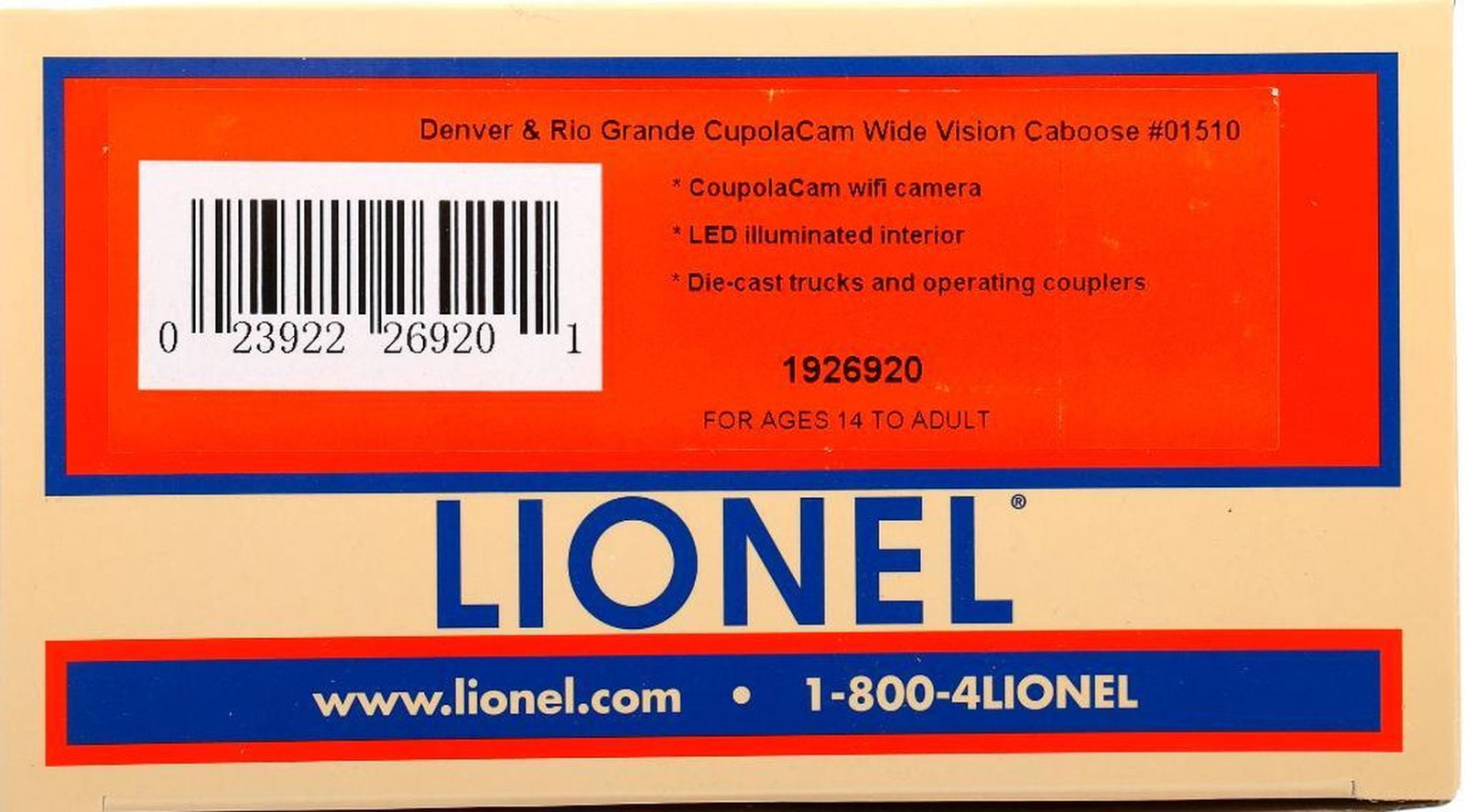 Lionel O Gauge Modern Era D&RG CupolaCam Caboose: Lionel O Gauge Modern Era 1926920 Denver & Rio Grande CupolaCam Wide Vision Caboose #01510 in original packaging