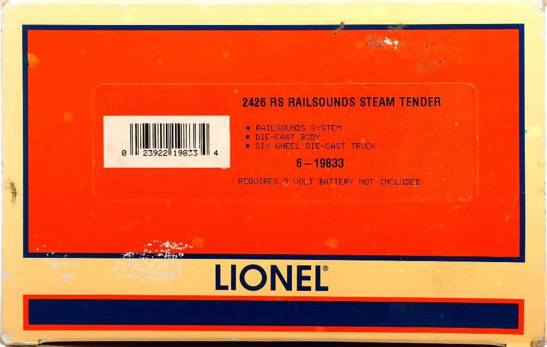Lionel O Gauge Modern Era RailSounds Steam Tender: Lionel O Gauge Modern Era 6-19833 2426 RS RailSounds Steam Tender in original packaging