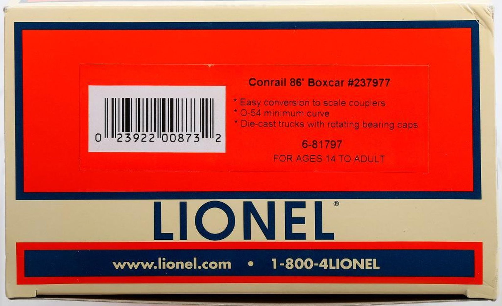 Lionel O Gauge Modern Era Conrail 86' Boxcar: Lionel O Gauge Modern Era 6-81797 Conrail 86' Boxcar #237977 in original packaging with corrugated shipping carton.