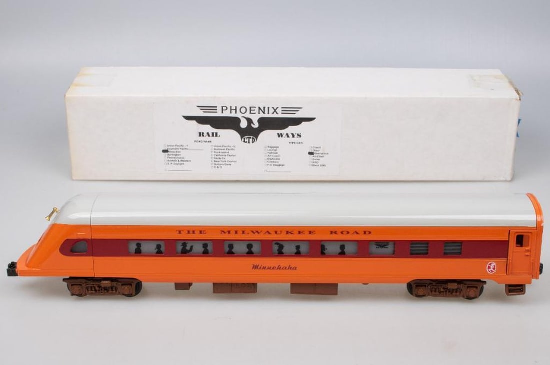 Phoenix Rail Ways, Ltd. O Gauge Milwaukee Road Hiawatha Observation: Phoenix Rail Ways, Ltd. O Gauge Milwaukee Road Hiawatha Observation Car in original box.
