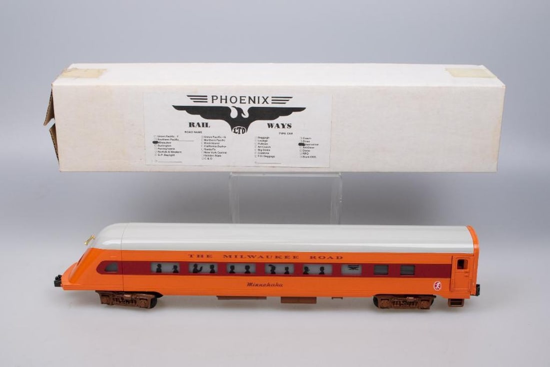 Phoenix Rail Ways, Ltd. O Gauge Milwaukee Road Boat Tail Observation Car: Phoenix Rail Ways, Ltd. O Gauge Milwaukee Road Boat Tail Observation Car in the original box.