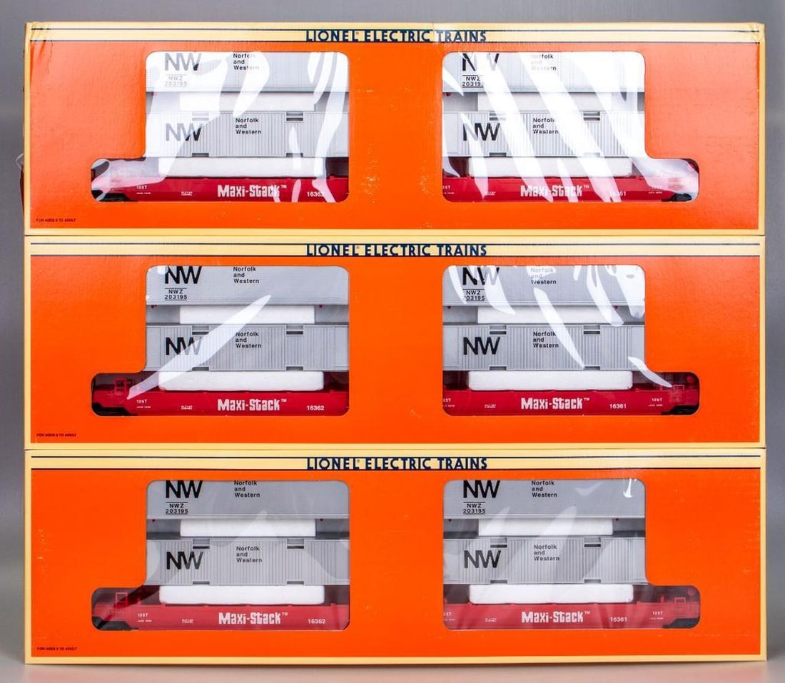 (3) Lionel O Gauge Modern Era Norfolk & Western Maxi Stack: (3) Lionel O Gauge Modern Era Norfolk & Western Maxi Stack (3) 6-16360 Norfolk & Western Maxi-Stack Flatcar with containers All in original shelf/storage worn packaging